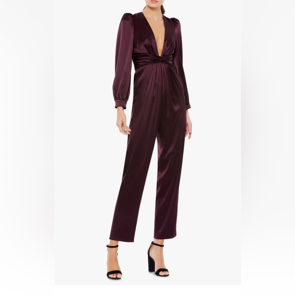 NWT Ieena for Mac Duggal Long Sleeve Ruched Plunging-Neck Jumpsuit Plum